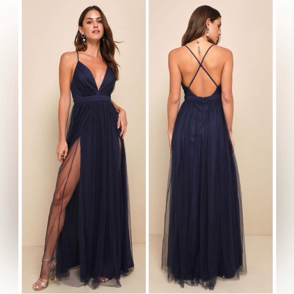 Lulus Rare Beauty Navy Blue Tulle Backless Maxi Dress Size XS NWT Formal Sexy